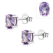 5x7mm Oval Prong-Set Amethyst Sterling Silver Stud Earrings - e446